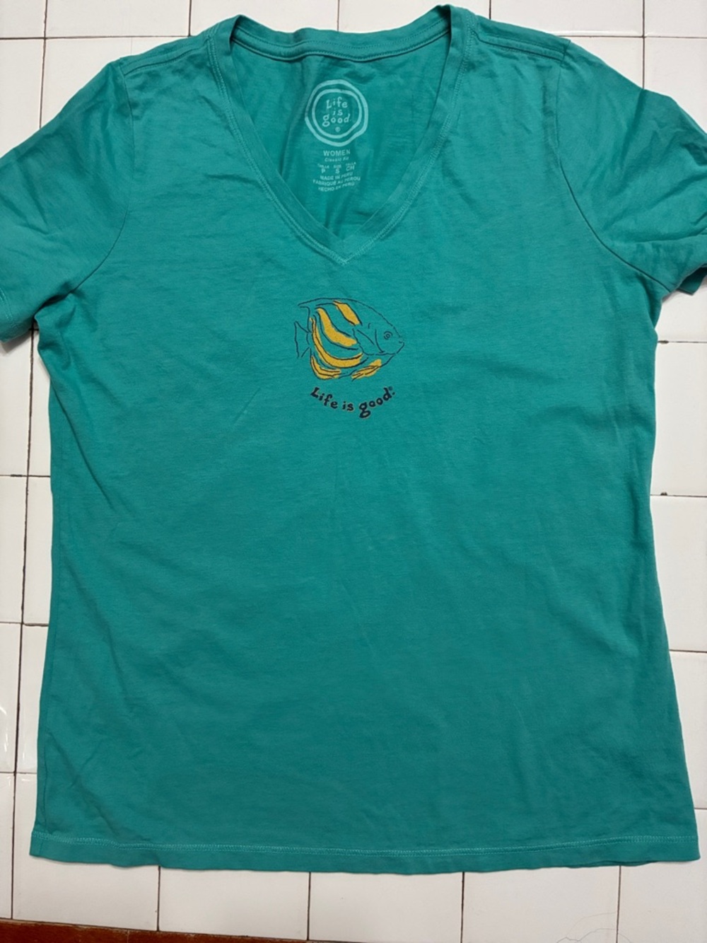Life Is Good Women’s Teal V-Neck Tee with Yellow Fish Accent